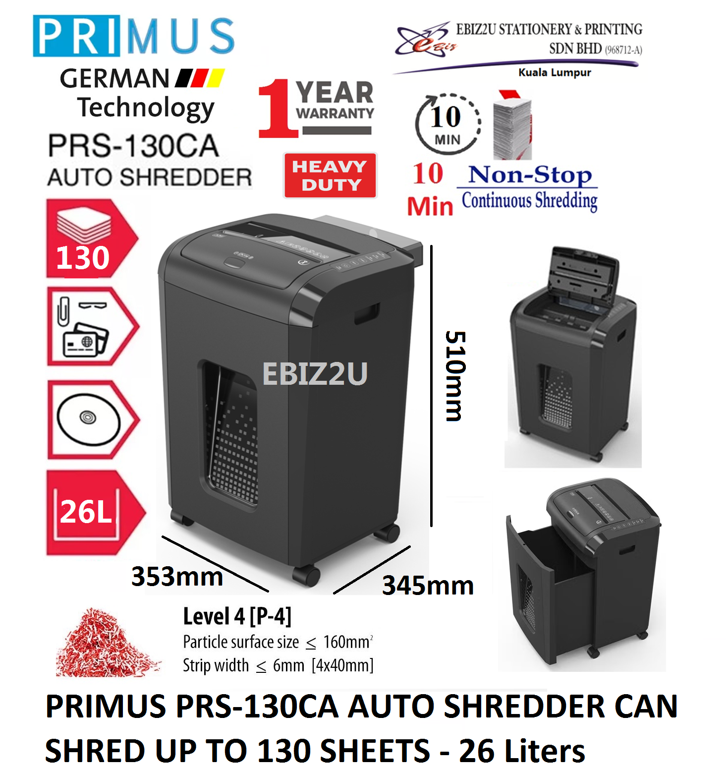 PRIMUS PRS-130CA AUTO SHREDDER CAN SHRED UP TO 130 SHEETS - 26 Liters ( Paper Shredder, Shredder Machine, Office Automation, Cross Cut, Micro Cut, Office Shredder,Mesin Penghancur Kertas, Heavy Duty Shredder, Heavy Duty Paper Shredder, Mesin Perincih
