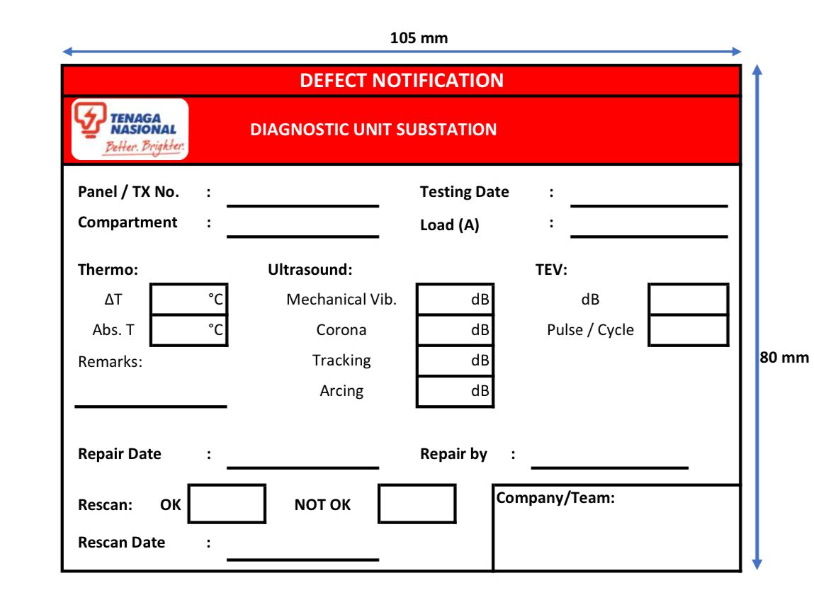 Sticker Defect Notification Diagnostic Unit Substation 105mm (W) X 80mm (H)