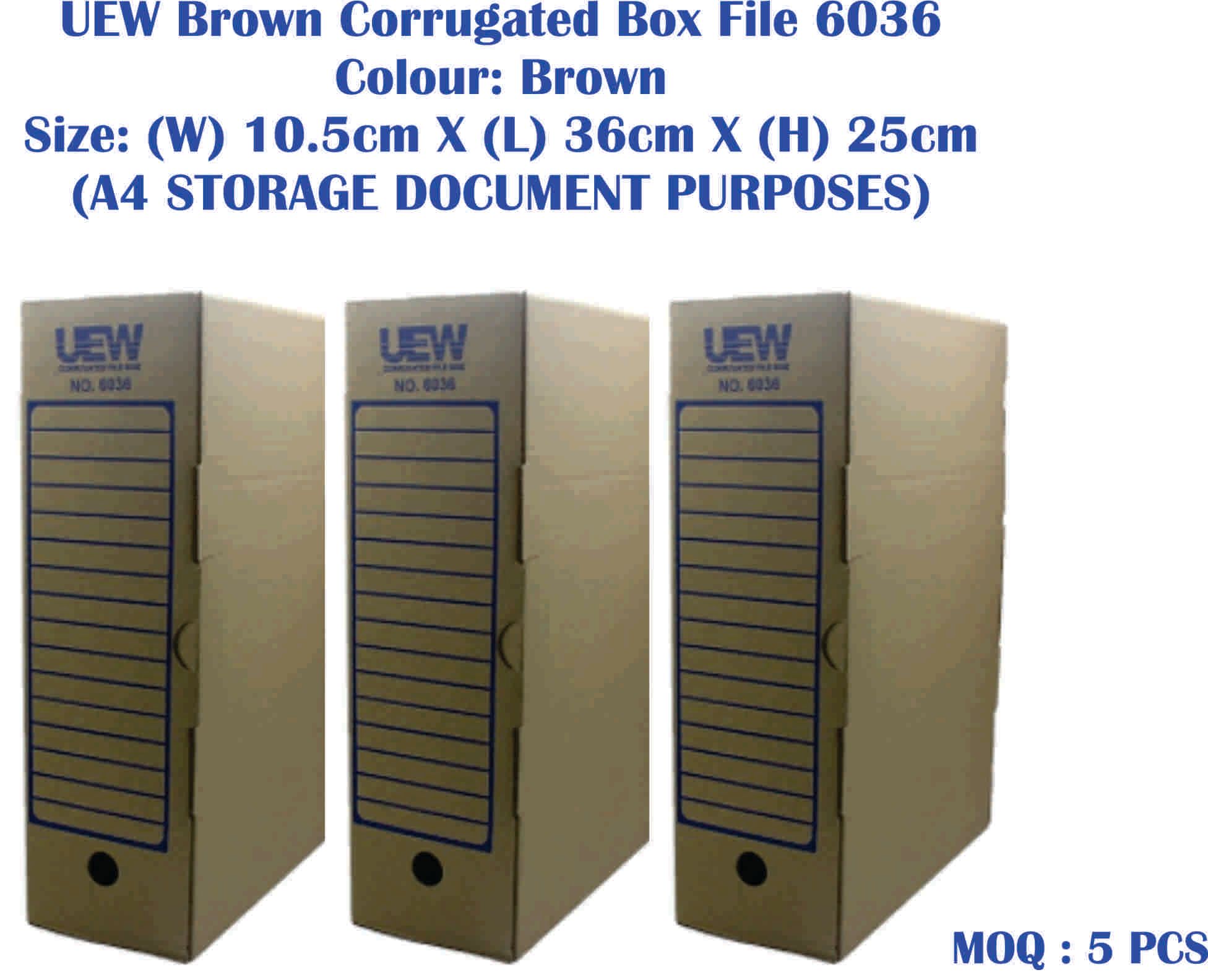 UEW Brown Corrugated Box File 6036 Colour: Brown Size: (W) 10.5cm X (L) 36cm X (H) 25cm- A4 SIZE OCHA UEW Brown Corrugated Box File 6036 Colour: Brown Size: (W) 10.5cm X (L) 36cm X (H) 25cm- A4 SIZE SEMENANJUNG ONLY