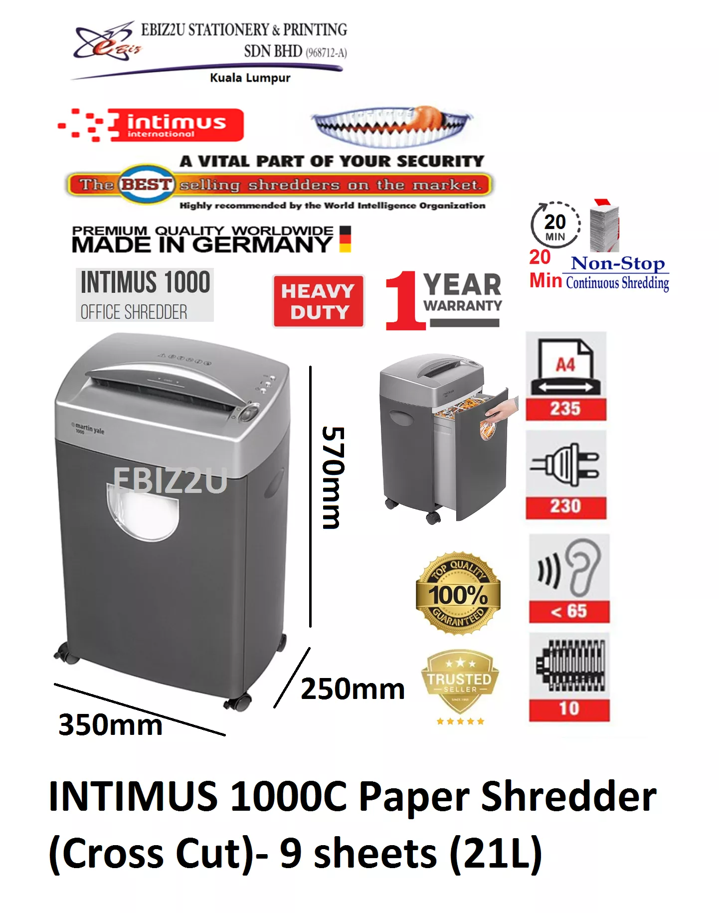 INTIMUS 1000C Paper Shredder (Shred Capacity: 8 Sheets, Cross Cut: 3.8x48mm, Bin Capacity: 21 Liters)_Made in Germany
