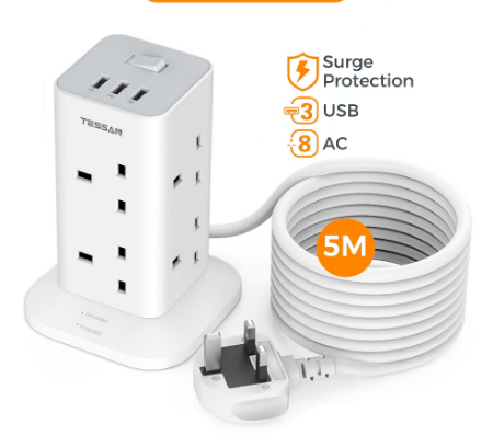 TESSAN Tower Extension Plug Tower Socket with USB+Type C - 5METER