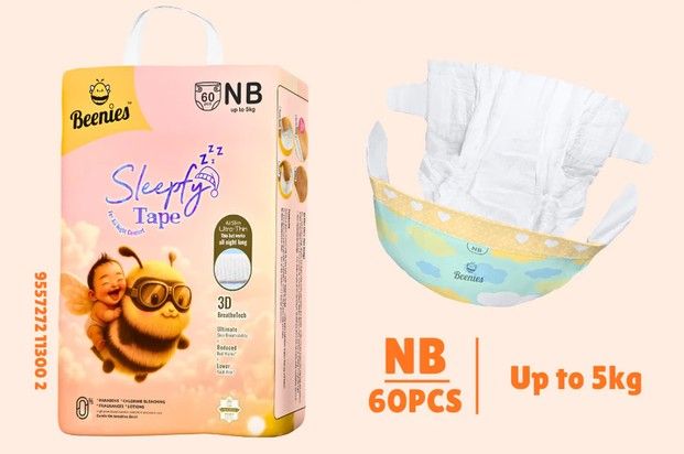 Beenies Sleepfy Tape Baby Diaper NB–M | Jumbo Pack Lampin Bayi Jenis Tape – All Night Comfort 11300-NB60 Tape 1pk SL-11300-11302