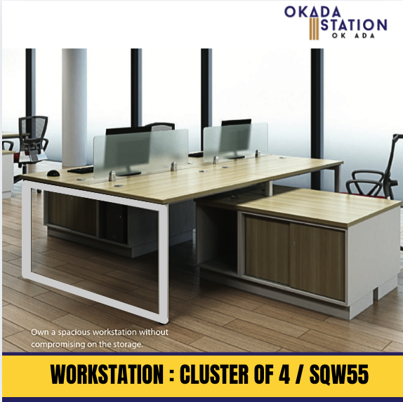 WORKSTATION / CLUSTER OF 4 / MODEL : SQW 55 / TABLE : 1500MM / WITH SIDE CABINET / TABLE TOP PANEL : GLASS