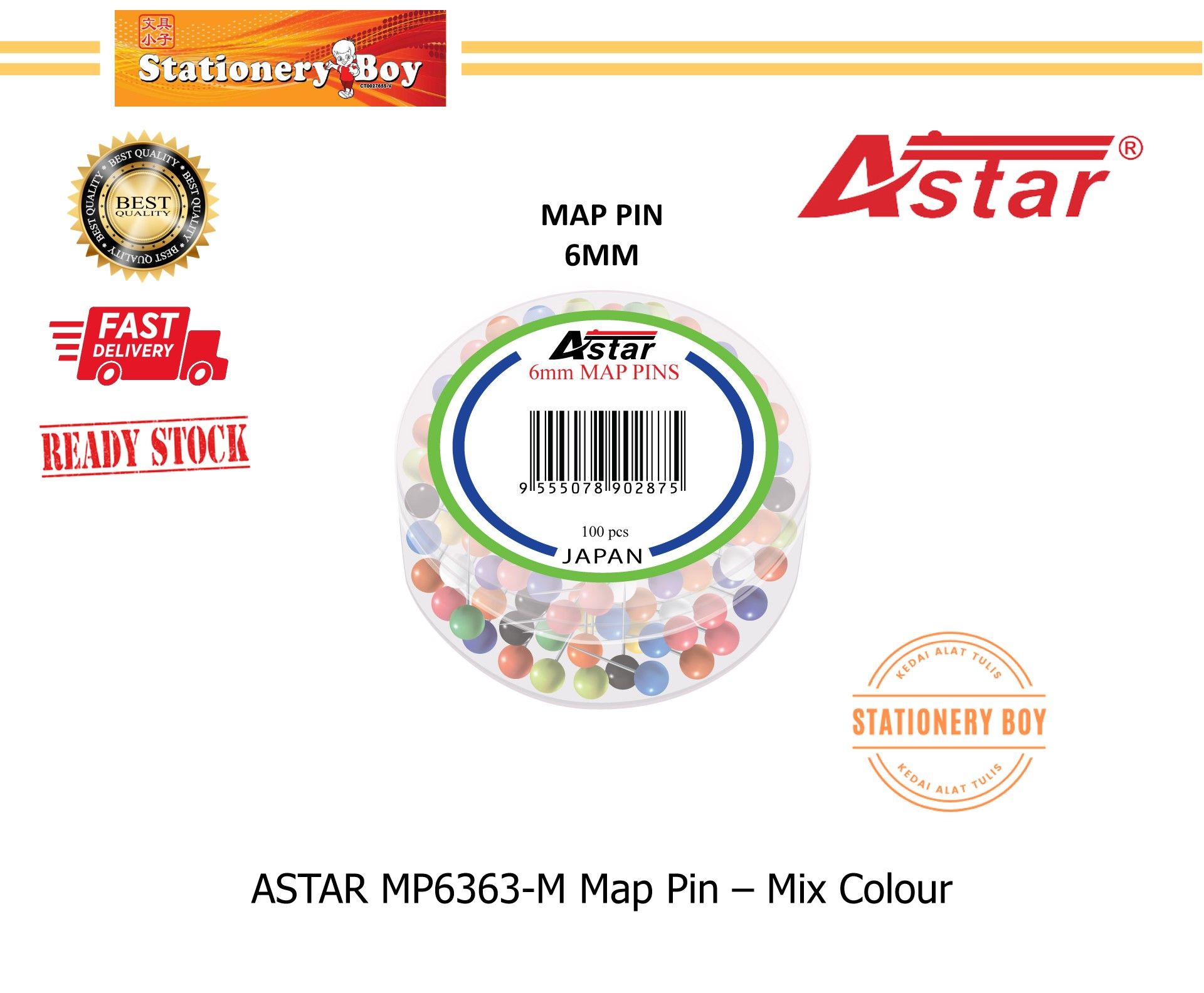 ASTAR Map Pin 6mm MP6363 Mix Colour / Paku Tekan Bewarna
