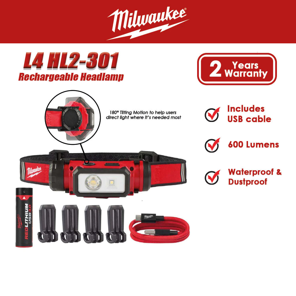MILWAUKEE L4 HL2-301 REDLITHIUM USB Hard Hat Headlamp