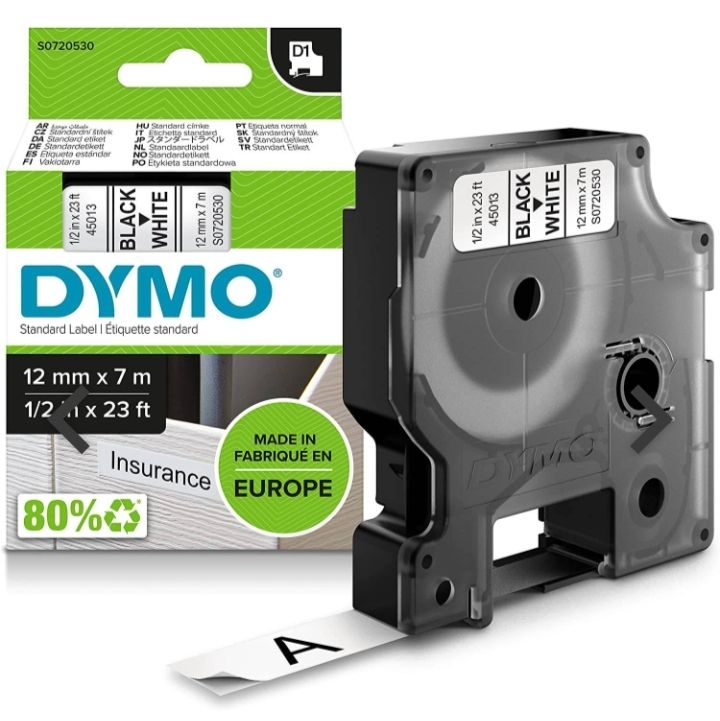 Dymo D1 Label Tapes 45013 S0720530 12mm x 7M Black on White Labels Ribbons