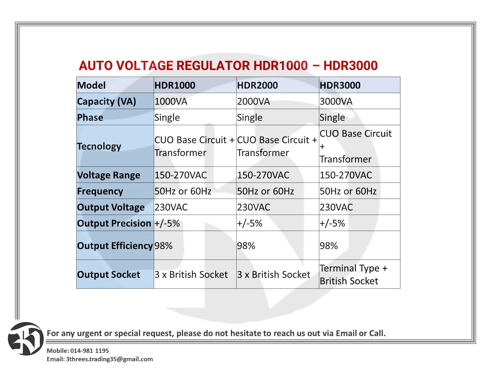 AUTO VOLTAGE REGULATOR HDR1000 – HDR3000