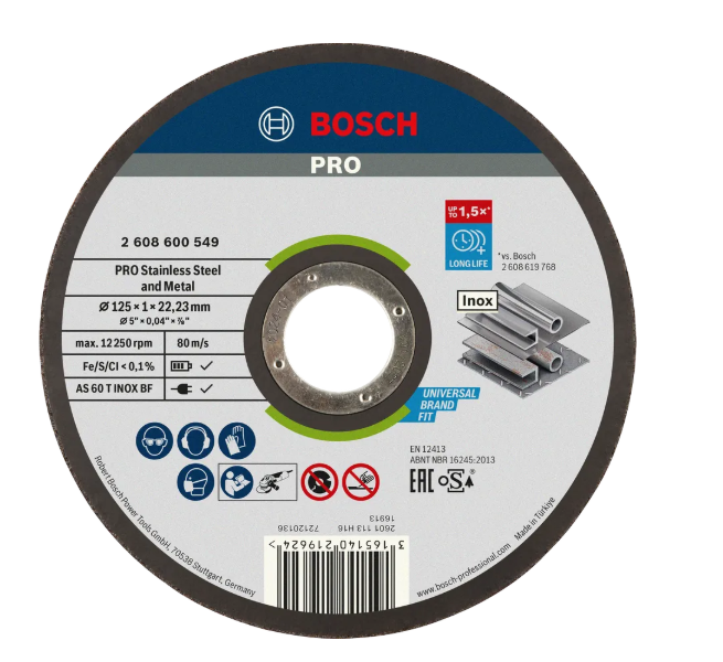 BOSCH PRO STAINLESS STEEL AND METAL BONDED CUTTING DISC (125 X 1 X 22.23 MM) STRAIGHT (2608600549)