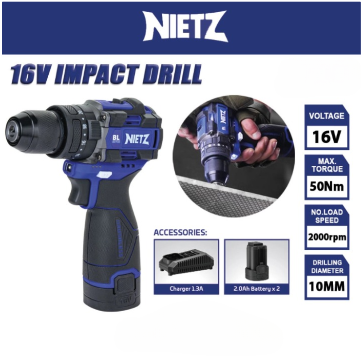NIETZ NZ16-ID10A 16V BRUSHLESS CORDLESS IMPACT DRILL SCREWDRIVER 50NM