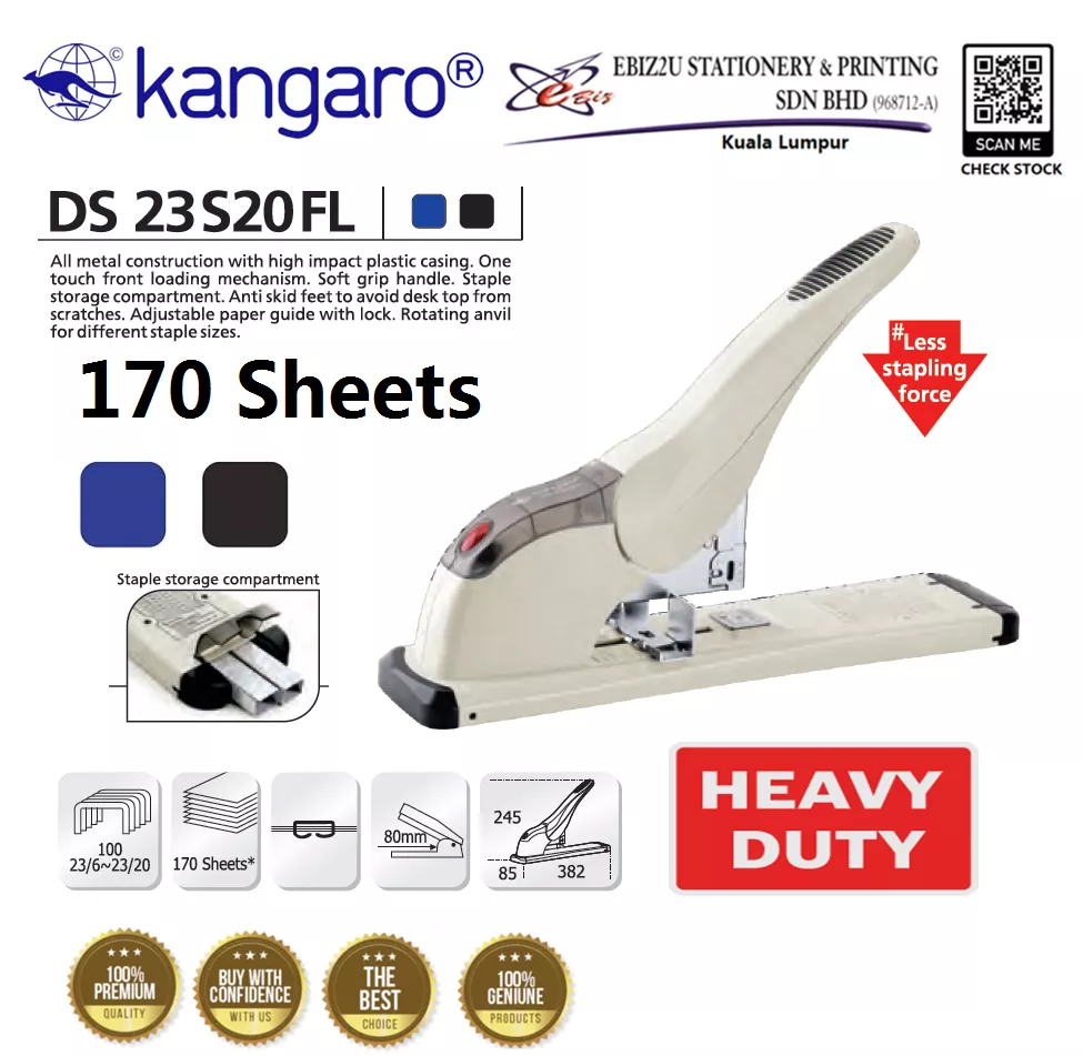 Kangaro DS-23S20FL Heavy Duty Stapler - 170 sheets (Stationery,Office Automation, penumbuk, stapler paper, Heavy Duty Stapler, Stapler, Kangaro)