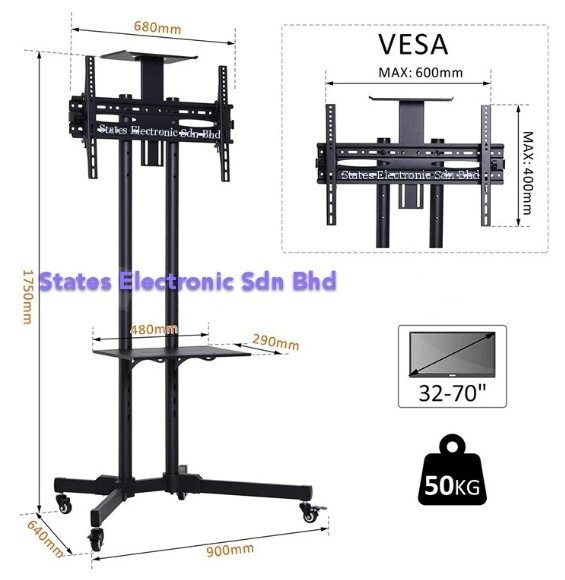 TV Stand Mobile Cart Trolley 32-65" with shelf