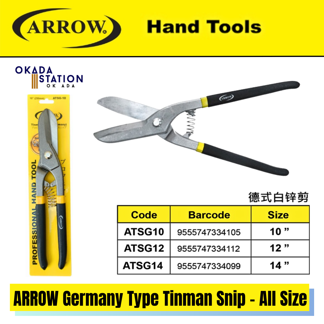 ARROW Germany Type Tinman Snip - All Size (ATSG10-12) / ARROW Tinman's Snip / Tinman Snip (Germany) / Aviation Snip / Metal Shear Scissor / White zinc scissors / Steel-Metal -Iron Cut / Snips / Germany Type / Gunting Pemotong Besi / Hand Tools / ATSG