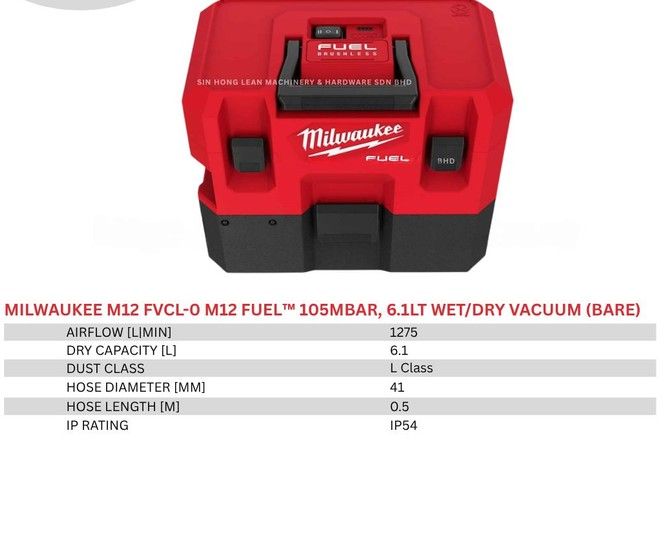 Milwaukee M12 FUEL™ 105mbar, 6.1Lt Wet/Dry Vacuum (Bare) M12 FVCL-0
