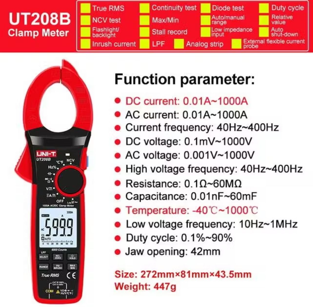 UNI-T UT208B 1000A True RMS Digital Clamp Meter