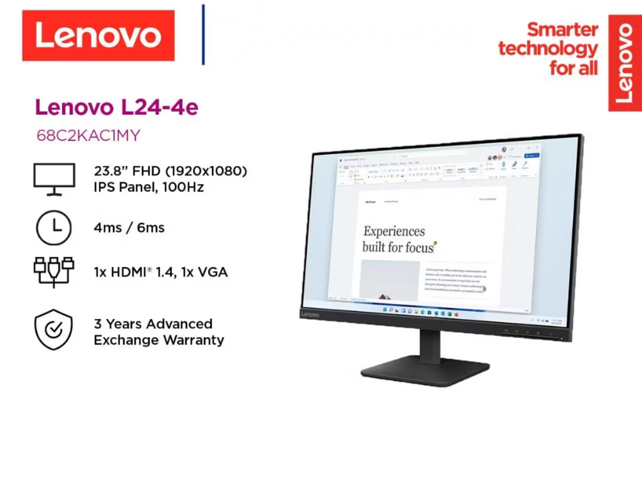 LENOVO L24-4E MONITOR ( 23.8" IPS FHD / 1MS / 100HZ / VGA + HD MI )