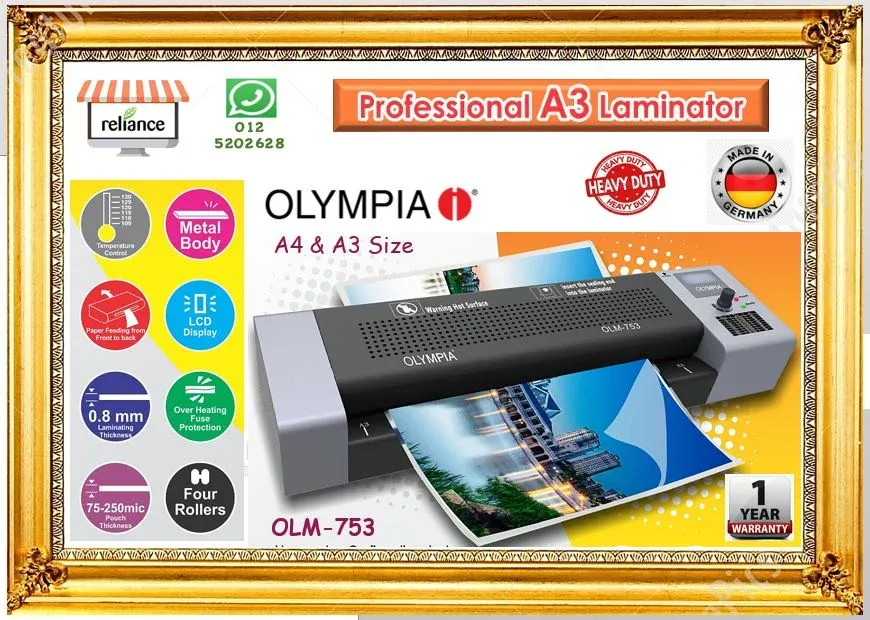 OLYMPIA Professional Laminator (A3 Size) / Laminating Machine / Mesin Laminating # Metal Casing # Heavy Duty # Bertugas Berat # LCD Display # Saiz A4 & A3 # OLM-753 # Produk Germany # RS1777 ( KTT : 1 Unit )