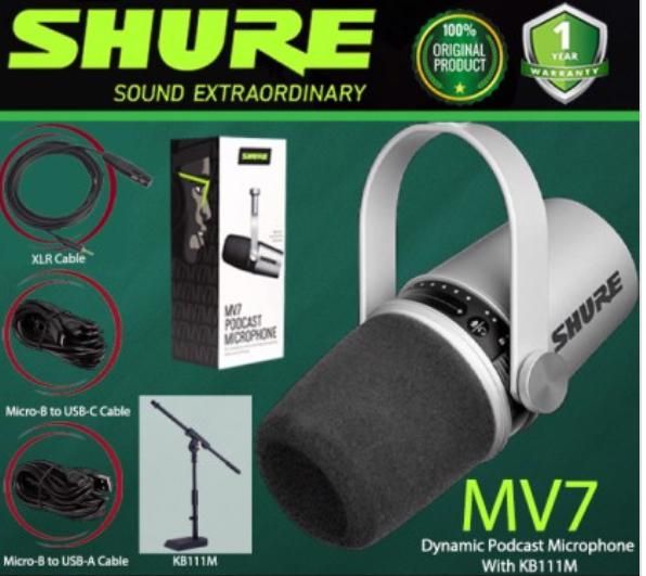 SHURE MV7 USB Dynamic Podcast Kit Microphone With XLR Output,Mic Cable And KB111M
