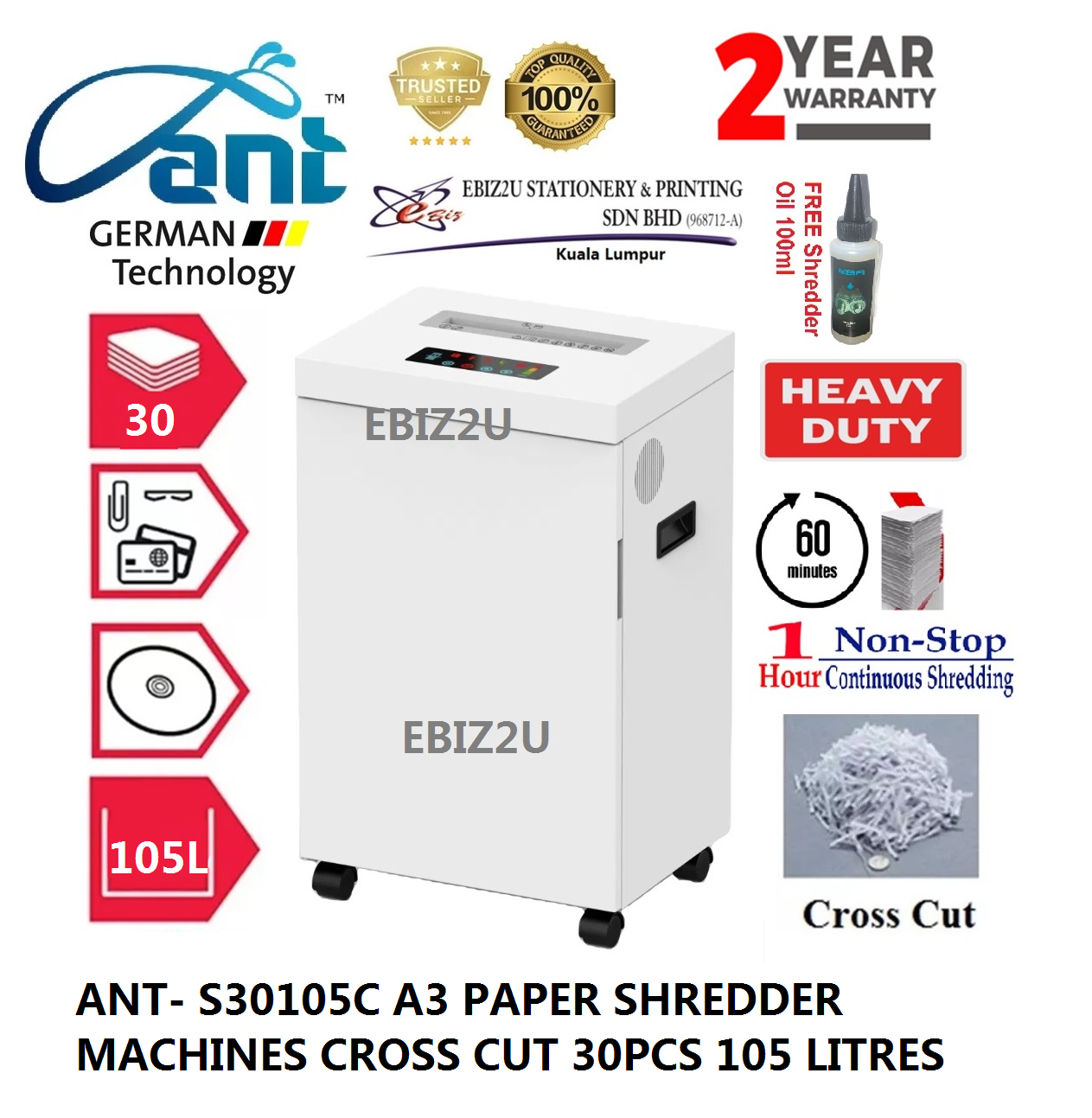 ANT- S30105C A3 PAPER SHREDDER MACHINES CROSS CUT 30PCS 105 LITRES WITH 2 YEARS WARRANTY (mesin perincih kertas, Mesin Penghancur Kertas)