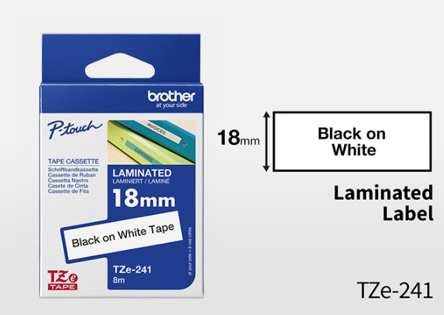 BROTHER TZE-241 BLACK ON WHITE 18MM