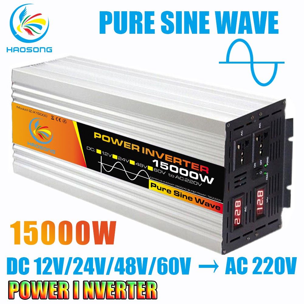 HAOSONG Pure Sine Wave Power Inverter 15000W DC 12V to AC 220V Solar Converter with Smart LCD Voltage Display (DC 48V to AC 220V)