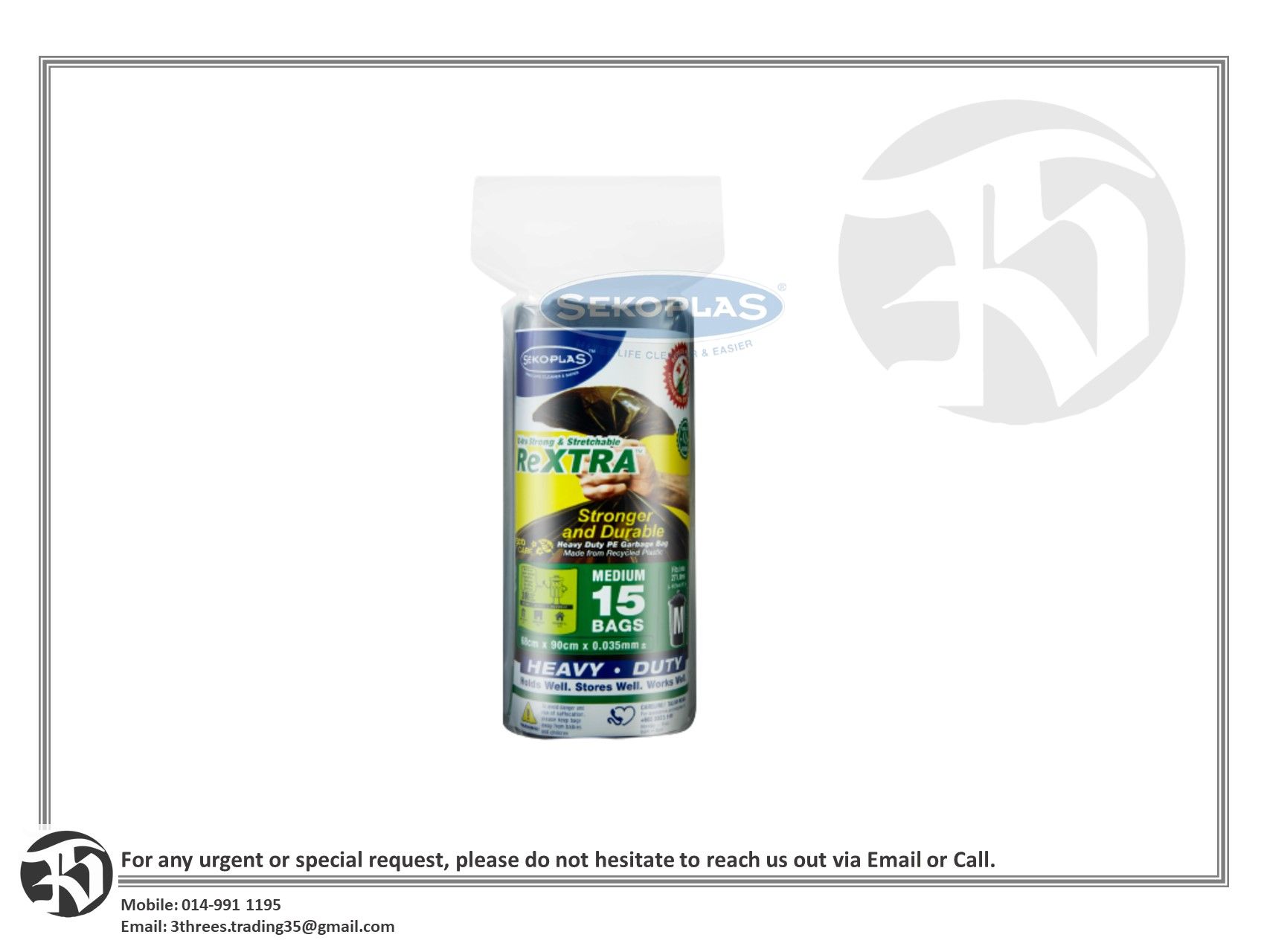 SEKOPLAS ReXTRA HDPE garbage bag - M (15 pieces x 20 rolls) 0.035mm x 68cm x 90cm