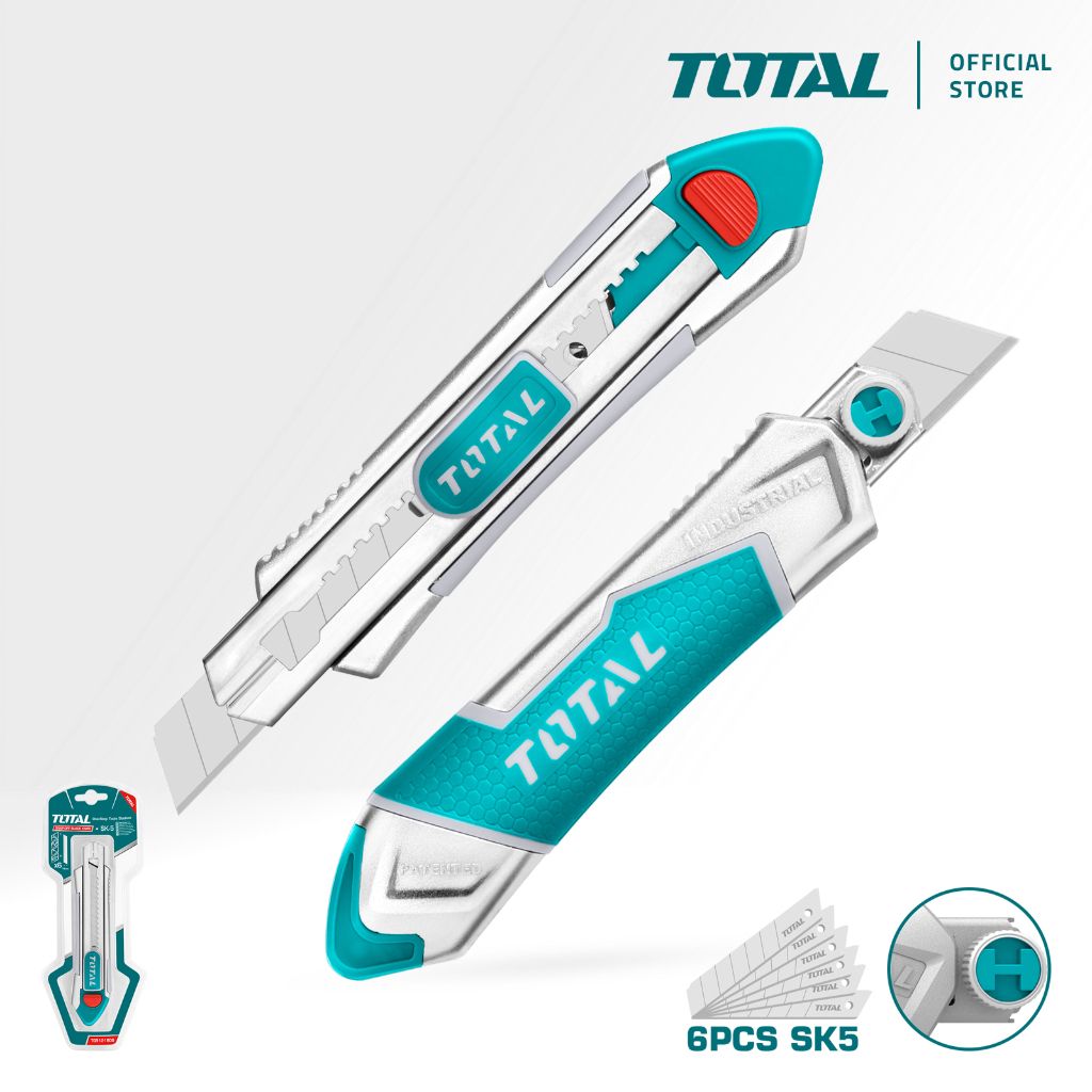 TOTAL SNAP-OFF BLADE KNIFE FLAT PUSH WITH LOCKING BOLT ALUMINIUM & RUBBER BODY (185MM) + SK5 BLADES (6 PCS) TG5121806