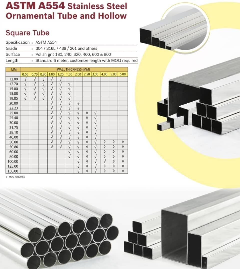 316 STAINLESS STEEL RECTANGULAR PIPE - SIZE : W1"xH2"xT1.5MM X6METER