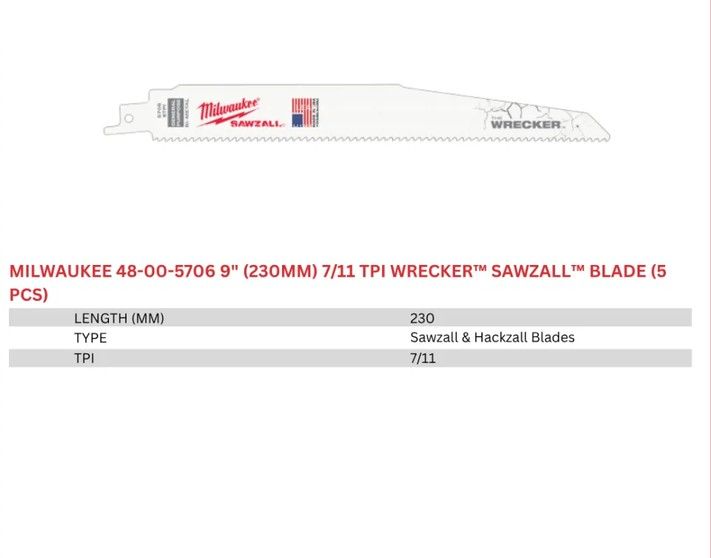 Milwaukee 9" (230mm) 7/11 TPI WRECKER™ SAWZALL™ Blade (5pcs) 48-00-5706