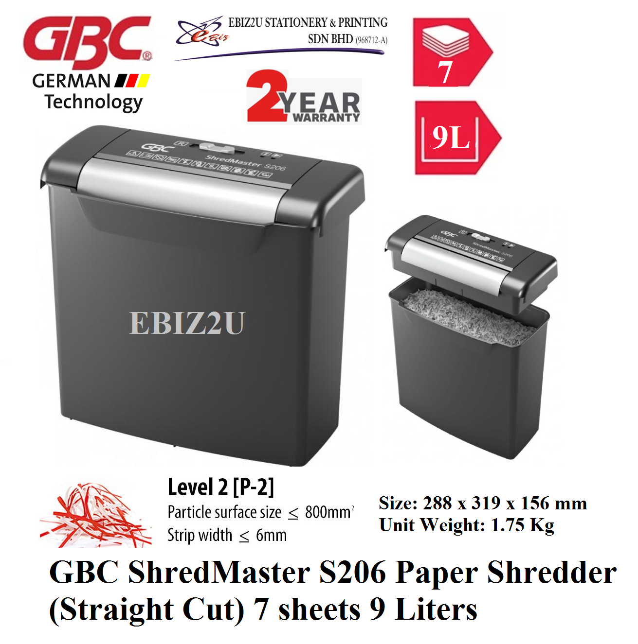 GBC ShredMaster S206 Paper Shredder (Straight Cut) 9 Liters - (Strip Cut, Personal Shredder, Paper Shredder, Shredder Machine, Office Shredder, Home Shredder, Mesin Penghancur Kertas)