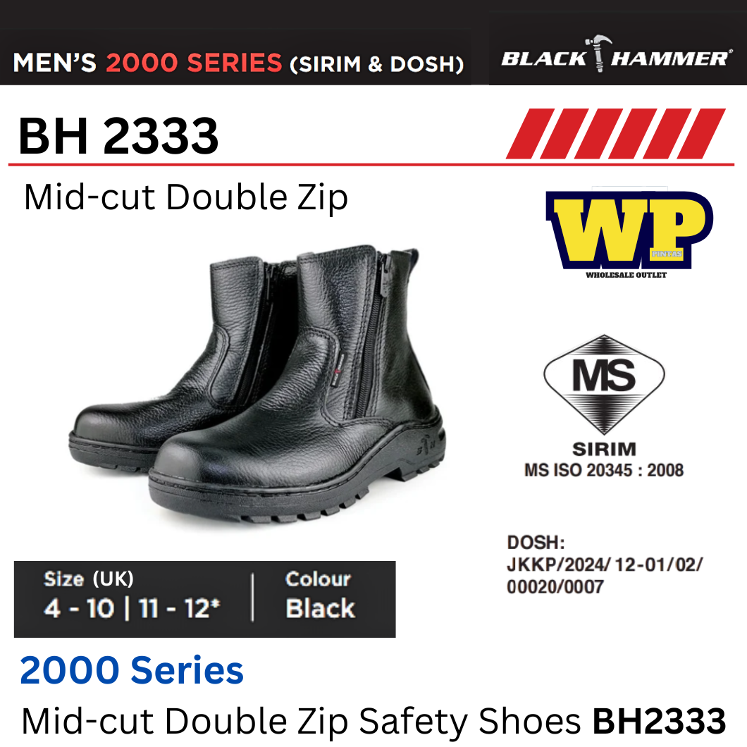 Black Hammer 2000 Series Mid-Cut Double Zip Safety Shoes (SIRIM & DOSH) - BH2333 / Black Hammer / Black Safe / Mid-Cut Double Zip / Safety Shoes / Safety Boots / Foot Protect / Kasut Kilang / Kasut Keselamatan / BH2333