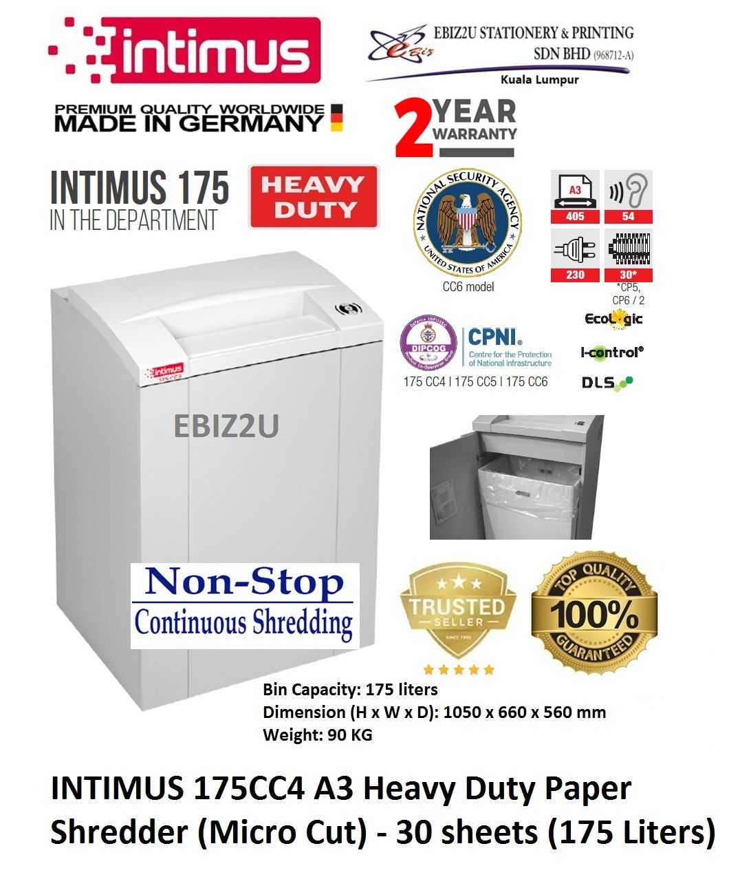 INTIMUS 175 CP5 Paper Shredder (Shred Capacity: 25-30 Sheets, Micro Cut: 1.9x15mm, Bin Capacity: 175 Liters)_Made in Germany