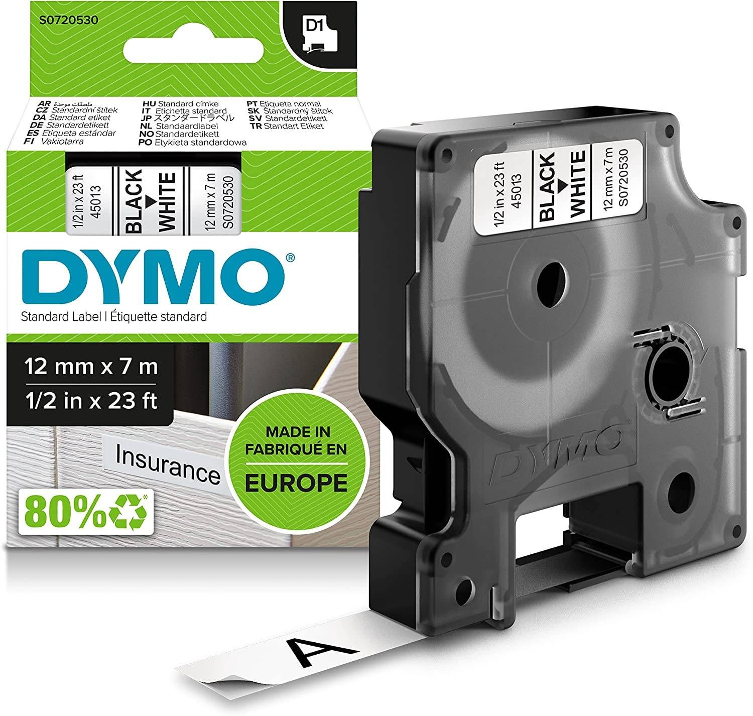Dymo D1 Label Tapes 45013 S0720530 12mm x 7M Black on White Labels Ribbons