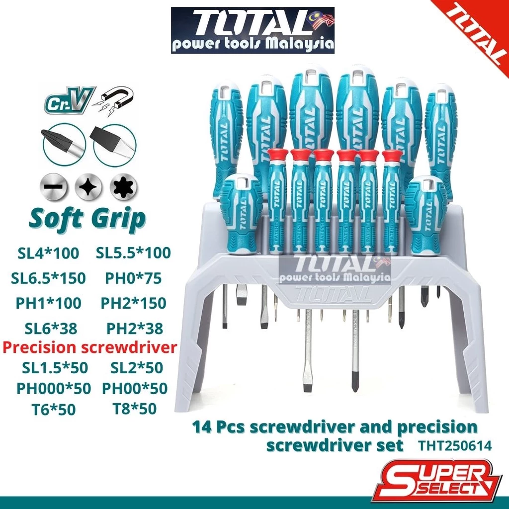 TOTAL 14 Pcs Screwdriver and Precision Screwdriver set THT250614