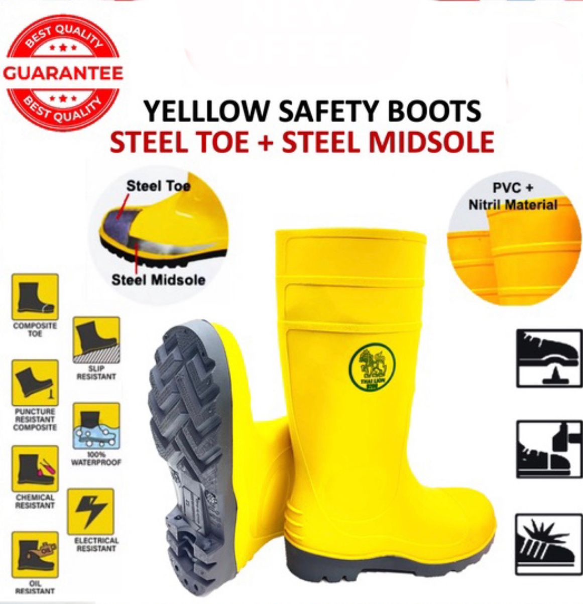 Thai Lion Safety Rubber Boot Shoe Kasut Getah Kuning + Kepala & Tapak Besi steel Toe & Mid Sole
