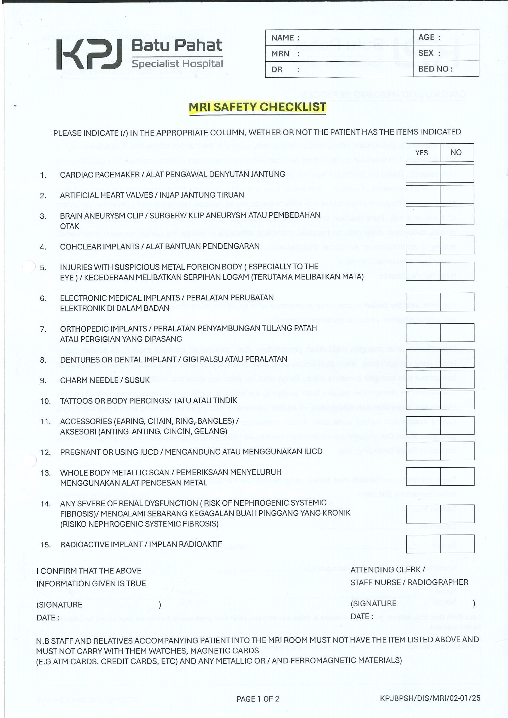 MRI Safety Checklist