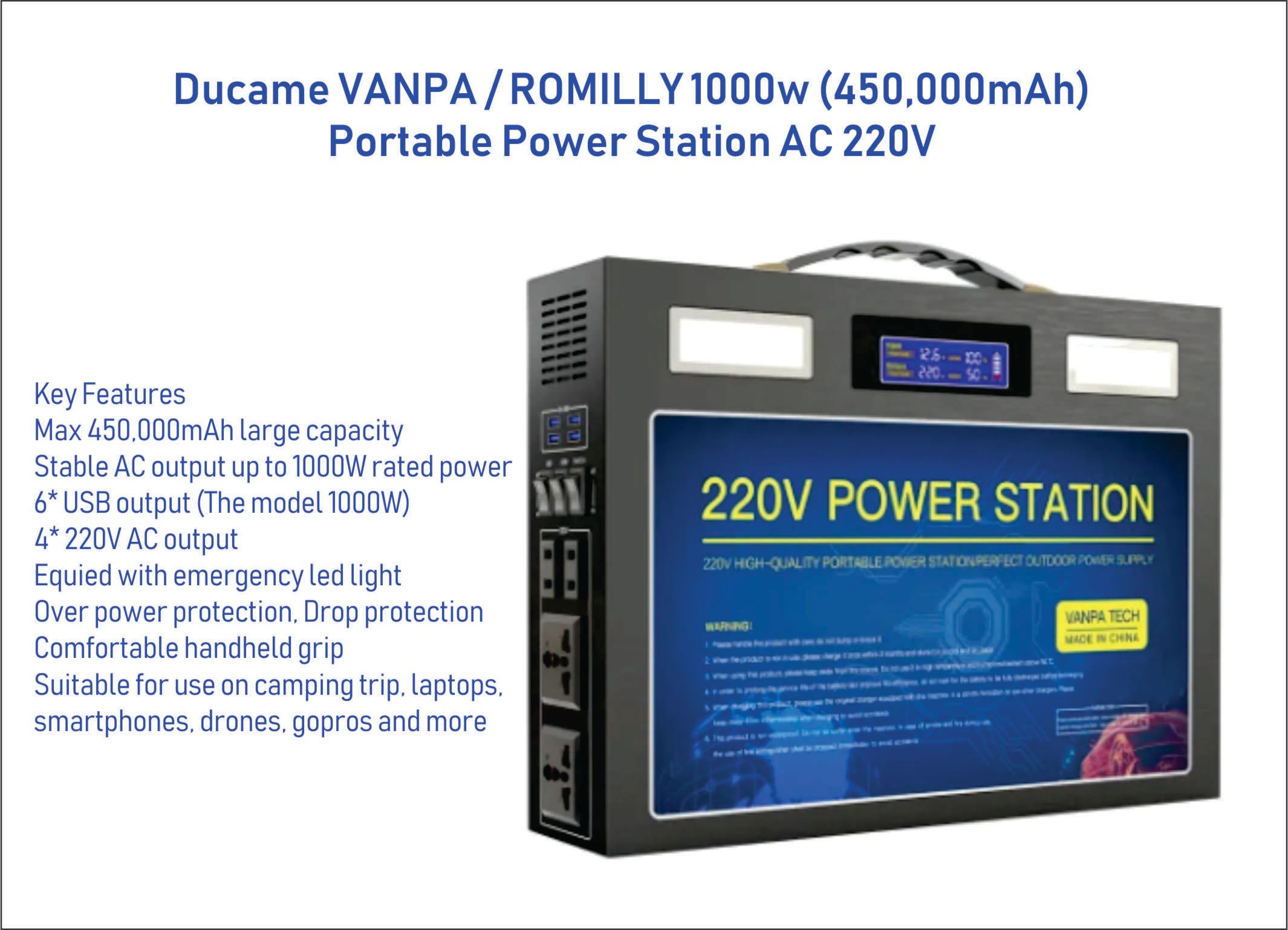 VANPA /ROMILLY 1000w (450,000mAh) Portable Power Station AC 220V Output