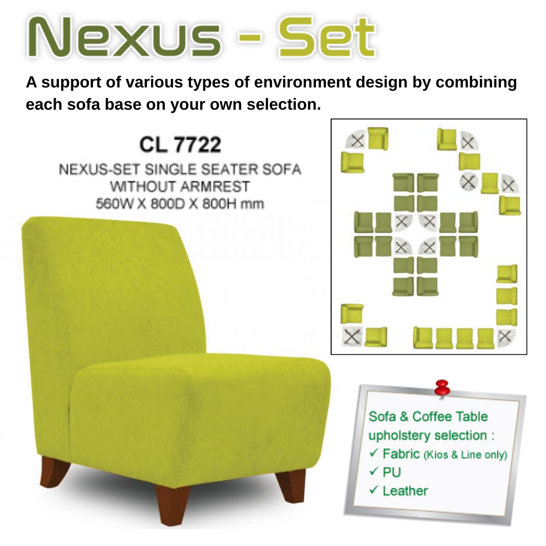 NEXUS-SET SERIES OFFICE SOFA - ALL MODEL / SINGLE SEATER / WITHOUT ARMREST / RIGHT ARMREST / LEFT ARMREST / VISITOR SOFA / PU LEATHER / FABRIC / FABRIC KIOS / FABRIC LINE / SOFA PELAWAT / SOFA PEJABAT / SOFA / CL 7722 / CL 7722-1R / CL 7722-1L / NEXU