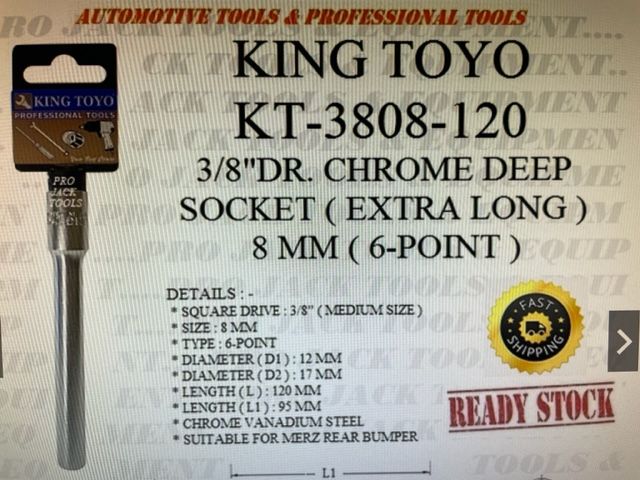 KT-3808-120 ~ Original KING TOYO 3/8"Dr. Chrome Deep Socket ( Extra Long ) - 8mm ( 6-point )
