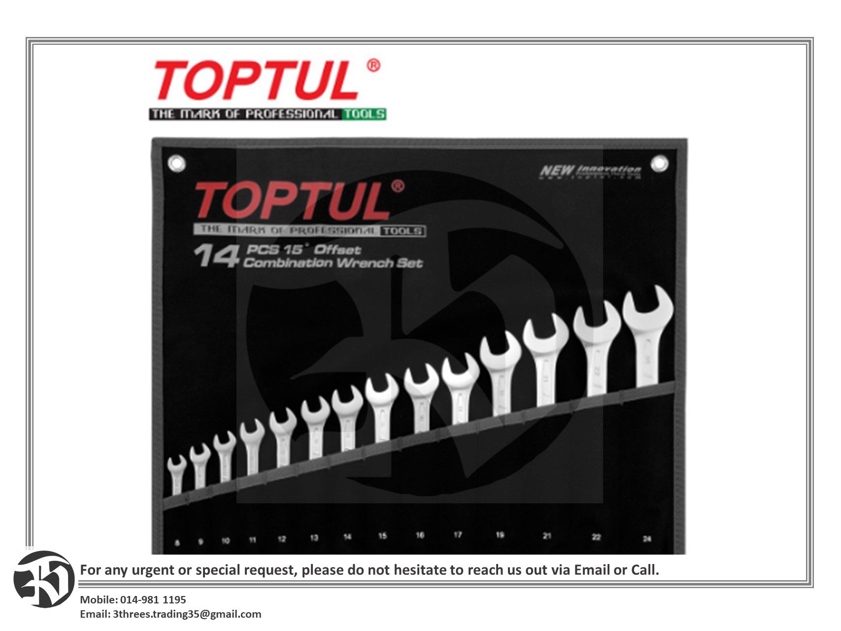 TOPTUL 14pcs 15° Offset Standard Combination Wrench Set - Pouch Bag - Black (GPAB1404)
