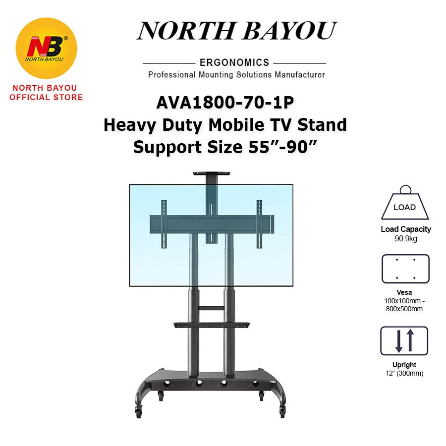 North Bayou NB AVA1800 AVA1800-70-1P 55 - 80 Inch Portable Large TV Trolley Stand Mount Bracket Cart 1863.1