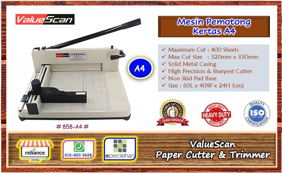 ValueScan Paper Cutter - A4 Size (Bertugas Berat) / Paper Trimmer / Mesin Pemotong Kertas A4 # Max Cut - 400 Sheets (80g) # Metal Casing # Heavy Duty # Sharp Cutter # ValueScan 858 # RS2214 ( KTT : 1 Unit )