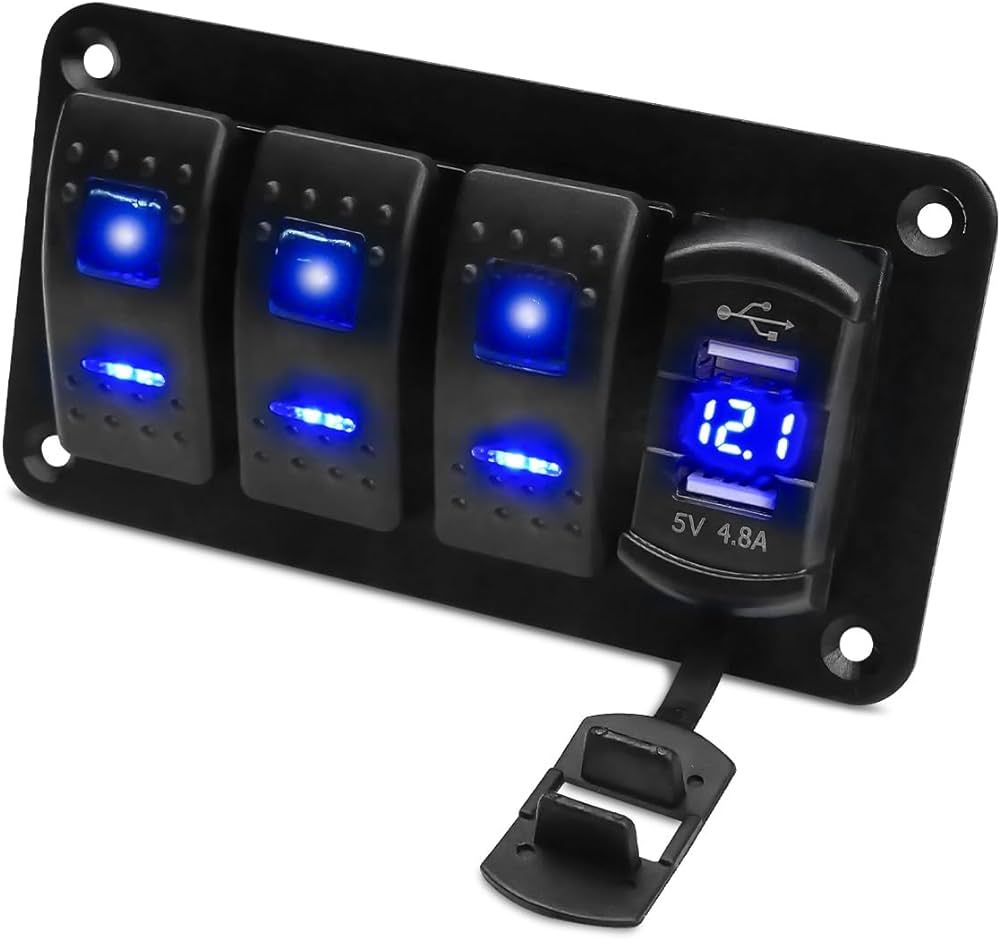 3 Gang Rocker Switch Panel Blue Backlit with 4.8 Amp Dual USB Charger Voltmeter Waterproof 12V 24V DC Rocker Switch for Car Trucks