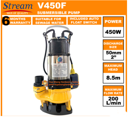 STREAM SUBMERSIBLE WATER PUMP DRAINAGE PUMP SEWAGE PUMP 450W 2"(50MM) 200L/MIN 8.5MH STREAM V450 V450F