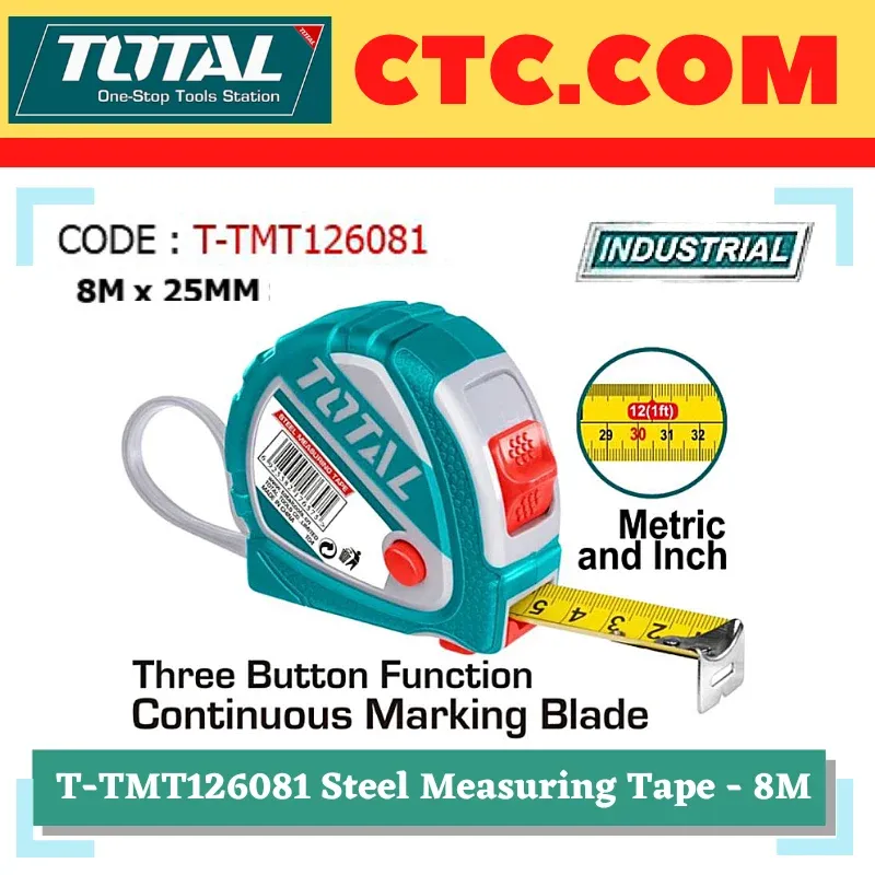 TOTAL - 8M X 25MM Steel Measuring Tape(Industrial) - (T-TMT126081) / Measuring tape / Measuring Ruler / Pull Ruler / Measuring Tool / Ruler