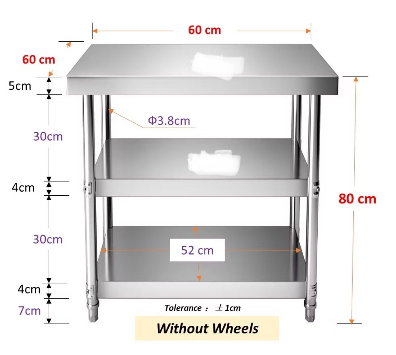 OEM Heavy-Duty Stainless-Steel working table with wheels (60cm x 60cm x 87cm)
