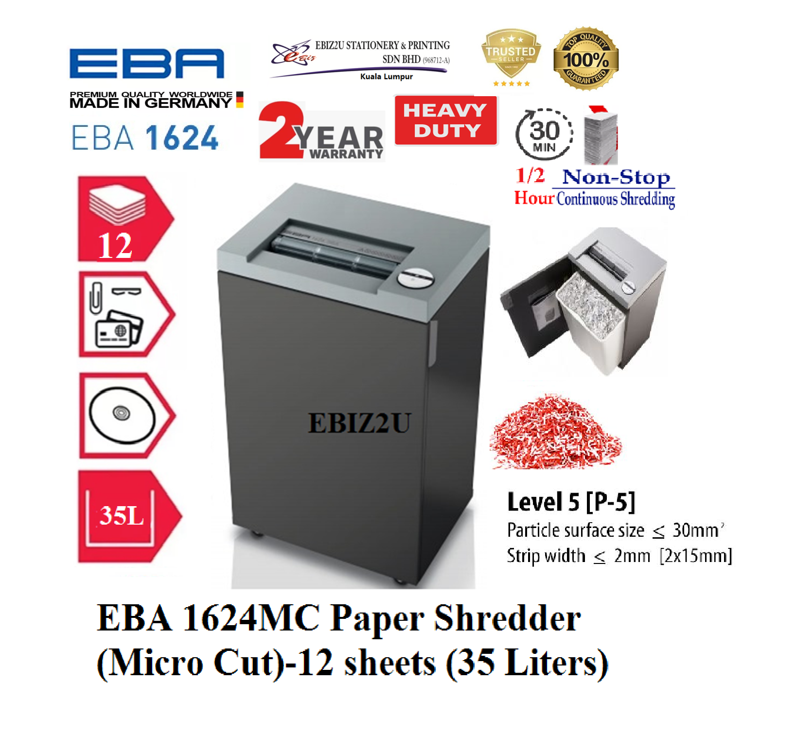 EBA 1624 MC Paper Shredder (Micro Cut)-12 sheets (35 Liters) 1624MC (30 minutes non stop, Micro Cut, Paper Shredder, Shredder Machine, Office Shredder, Heavy Duty Shredder, Mesin Penghancur Kertas)