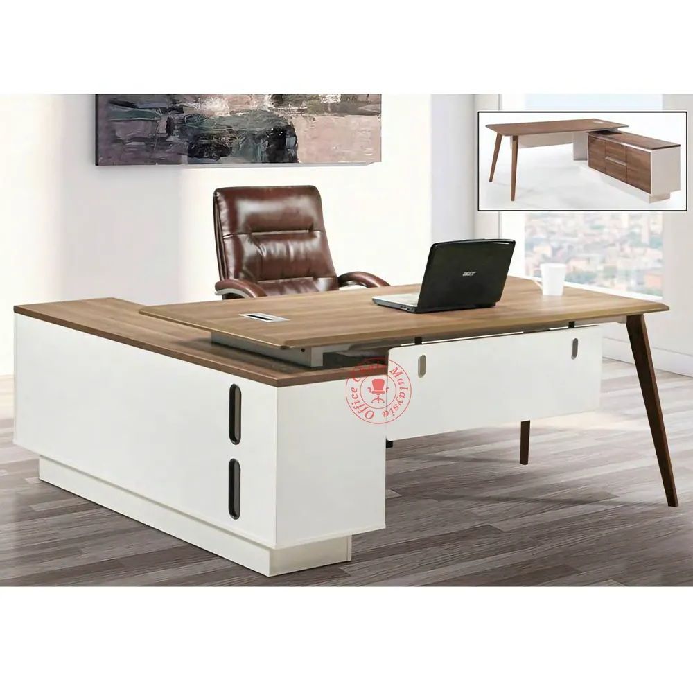 Director / CEO / Manager Office L Shape Table + Director Office Chair (Full Leather) (High Back Chair )