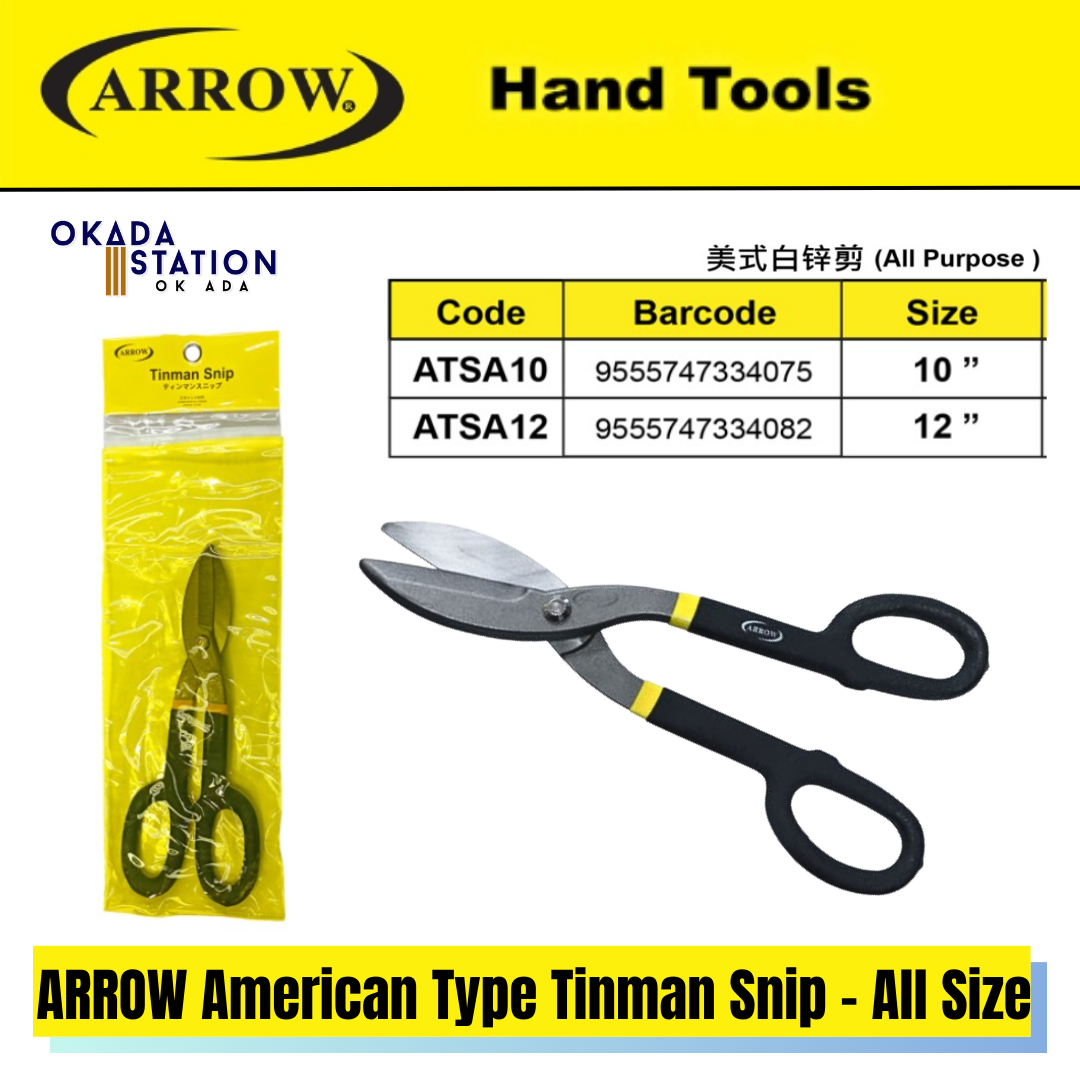 ARROW American Type Tinman Snip - All Size (ATSA10) & (ATSA12) / ARROW Tinman Snip / American Tinman Snip / Tinman Snip / Aviation Snip / Metal Shear Scissor / White Zinc Scissor / Steel-Metal-Iron Cut / Snip / Hand Tools / Gunting Pemotong Besi / AT