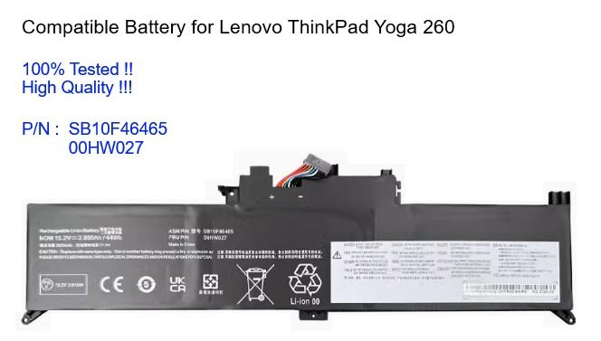 100% Tested High Quality Compatible Battery for Lenovo ThinkPad Yoga 260 Replacement for 00HW027 15.2V 51Wh 00HW026 01AV432 Battery
