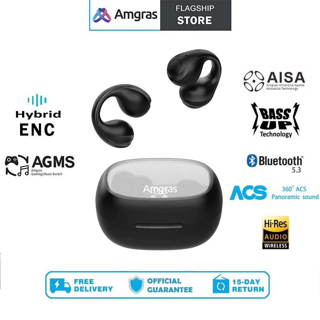AMGRAS Spacebuds 鈪�Pro Bone Conduction Earphone Bluetooth Waterproof Open-Ear Environment Noise Cancelling Built-in 4 Mic 360掳ACS Technology